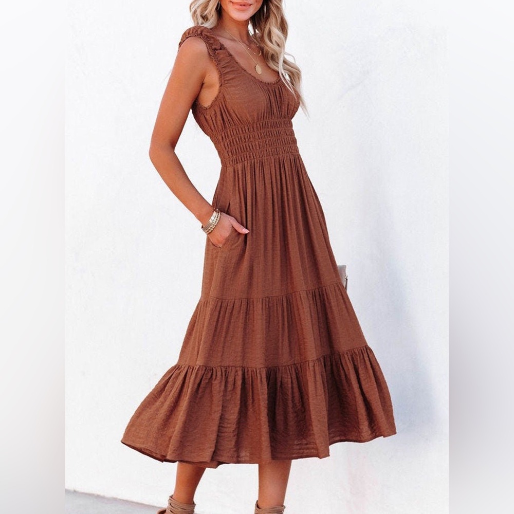 Rust Colored Smocked Tiered Midi Dress WITH POCKETS  
Size M/L